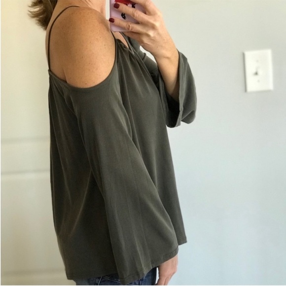 Olive Green Bell Sleeve Cold Shoulder Top - Picture 5 of 5